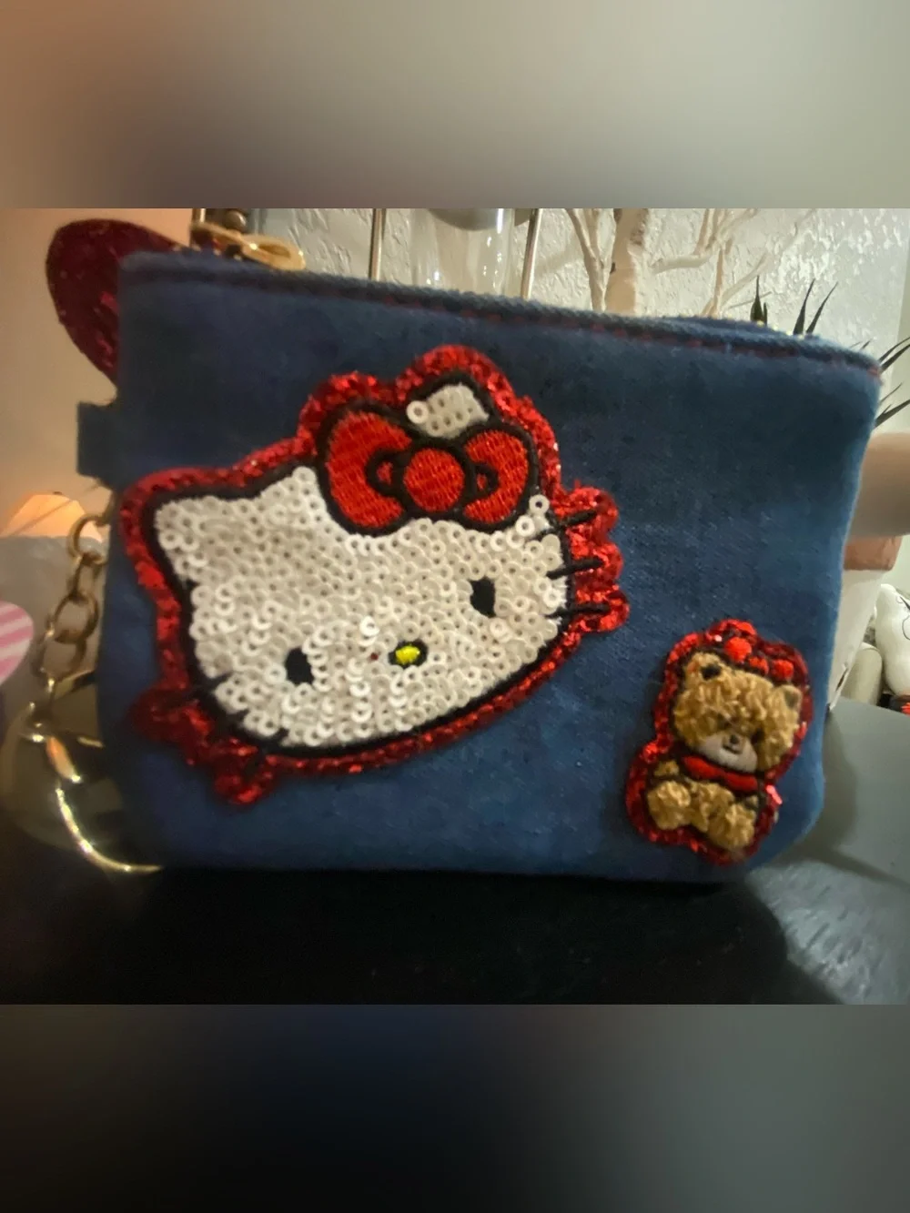 Hello Kitty Sequin Face Coin Purse with Red Glitter Heart Charm